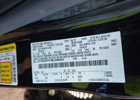 2021 Ford Ranger Lariat z USA, uszkodzony, nr VIN 1FTER4FH7MLD60953